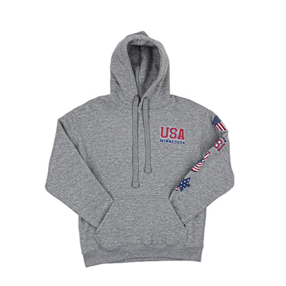Gray hoodie with 'USA Minnesota' text and flag designs on a white background