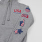 Gray hoodie with USA and Minnesota text and patriotic patches on a white background