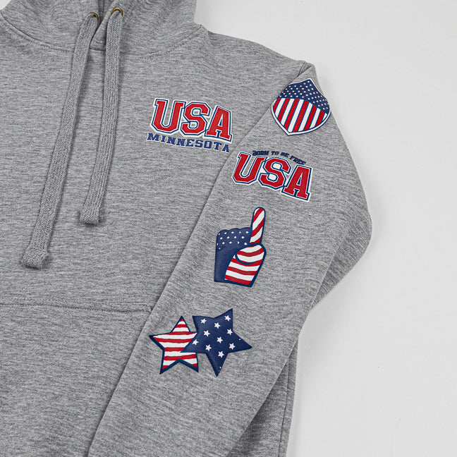 Gray hoodie with USA and Minnesota text and patriotic patches on a white background