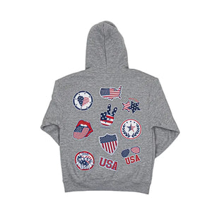 Gray hoodie with various USA-themed patches on the back on a white background