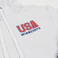 White hoodie with 'USA Minnesota' text in red and blue on a white background