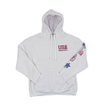 White hoodie with 'USA Minnesota' text and flag designs on sleeves against a white background