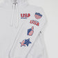 White hoodie with USA-themed patches on a white background