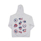White hoodie with USA-themed patches on the back on a white background