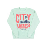 Mint Green sweatshirt with pink text 'CITY VIBES 1837 CHICAGO' and a city skyline design on a white background
