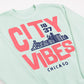 Mint Green sweatshirt with pink text 'CITY VIBES 1837 CHICAGO' and a city skyline design on a white background