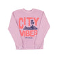 Pink sweatshirt with pink text 'CITY VIBES 1837 CHICAGO' and a city skyline design on a white background