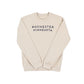 Beige sweatshirt with 'Rochester Minnesota' text on a white background