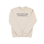 Beige sweatshirt with 'Rochester Minnesota' text on a white background