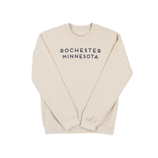 Beige sweatshirt with 'Rochester Minnesota' text on a white background