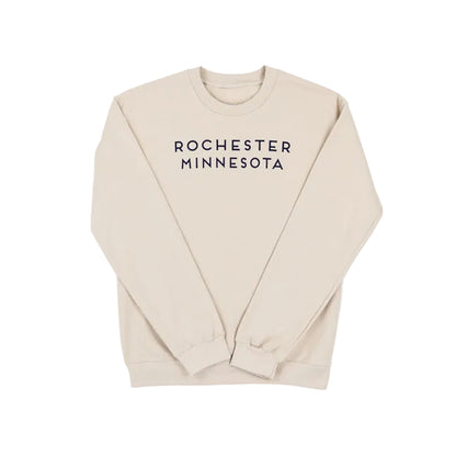 Beige sweatshirt with 'Rochester Minnesota' text on a white background