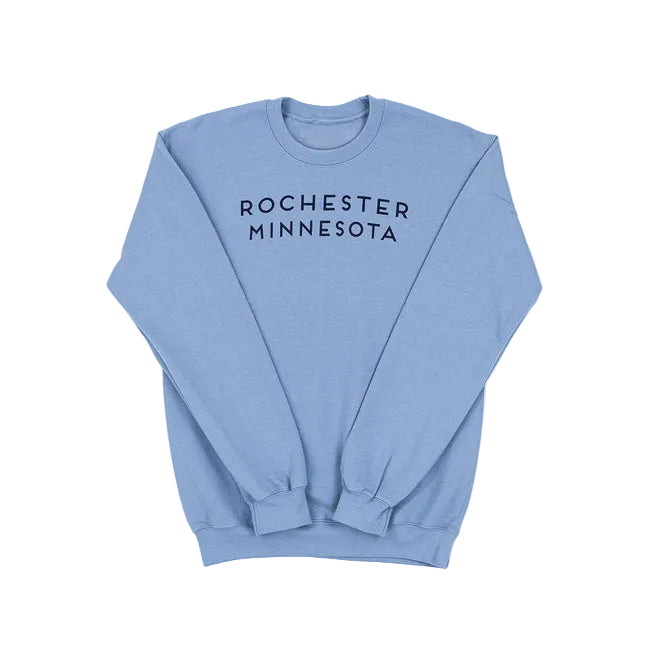 Light blue sweatshirt with 'Rochester Minnesota' text on a white background