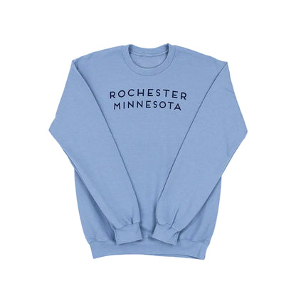 Light blue sweatshirt with 'Rochester Minnesota' text on a white background