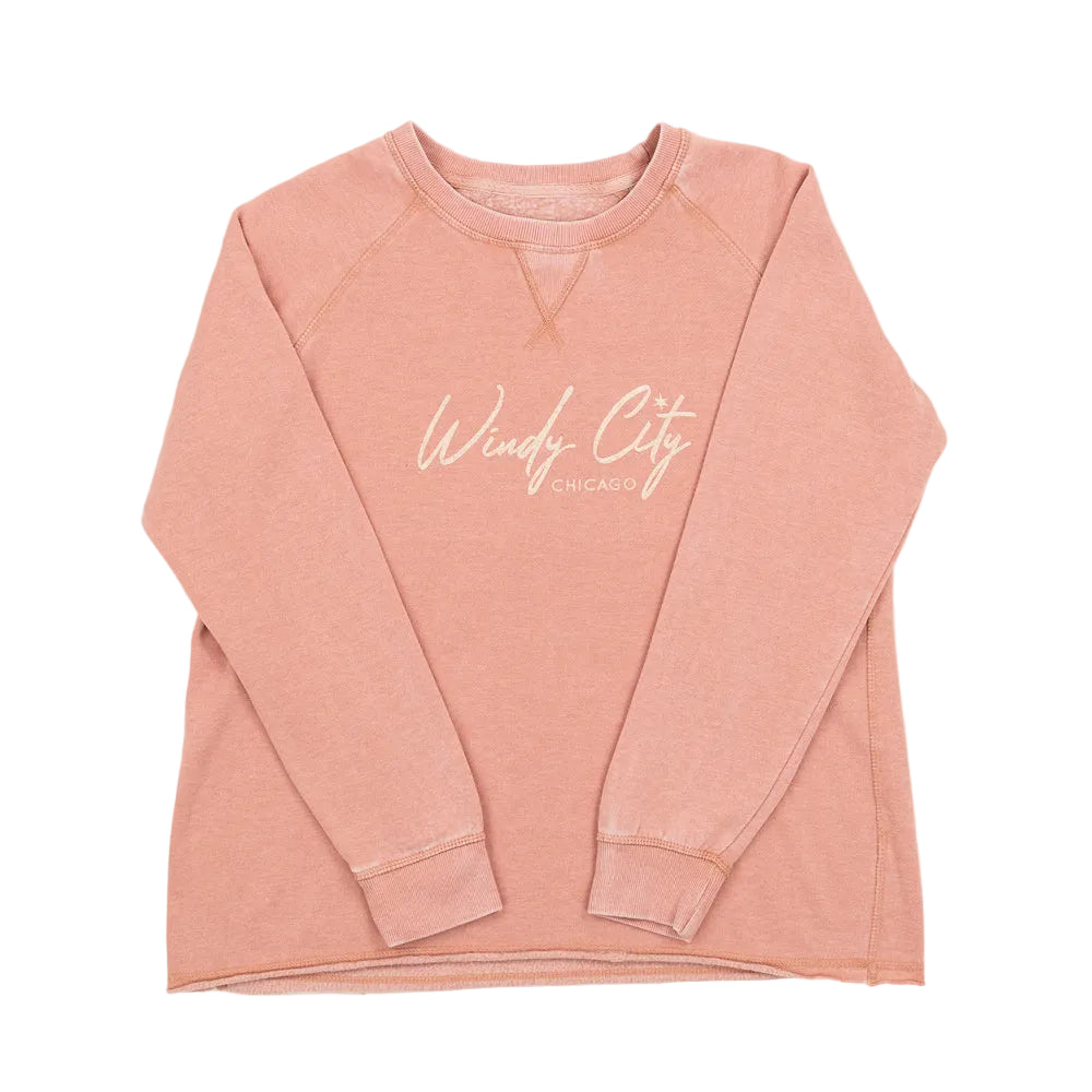 Pink sweatshirt with 'Windy City Chicago' text on a white background