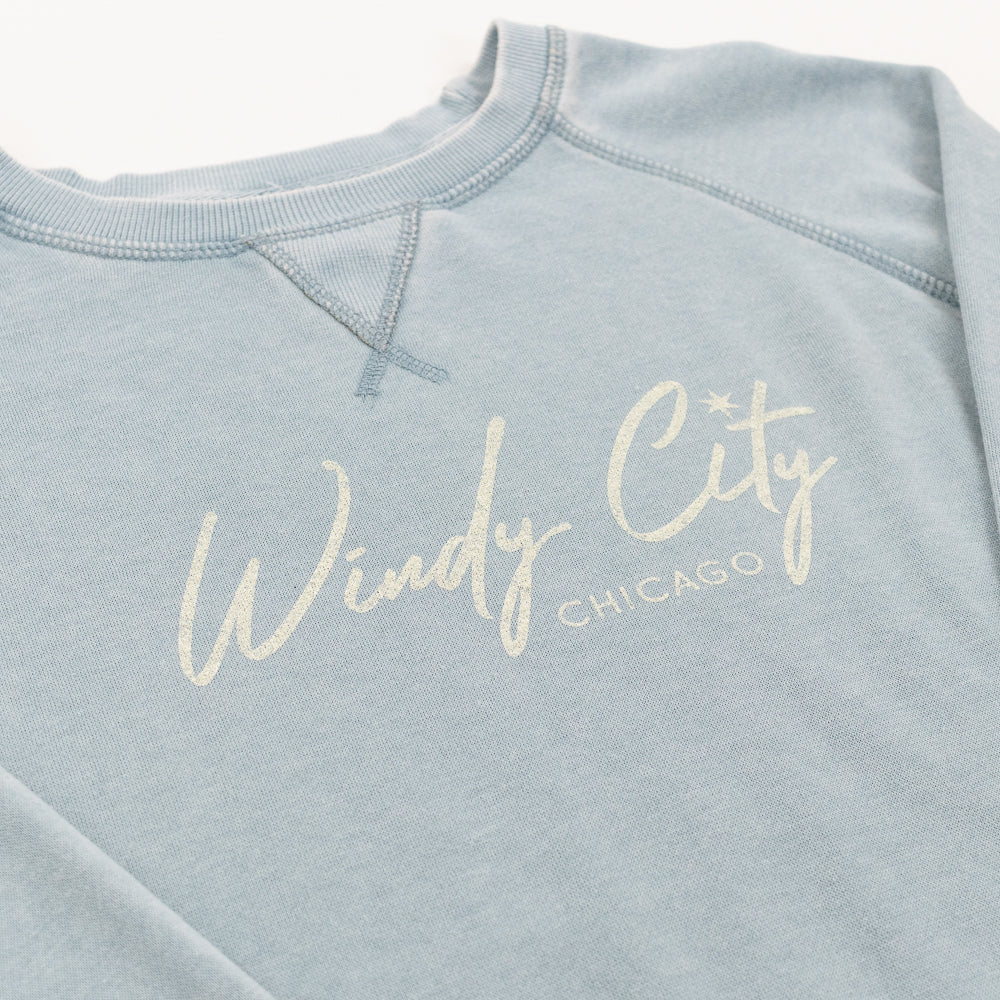 Light blue sweatshirt with 'Windy City Chicago' text on a white background