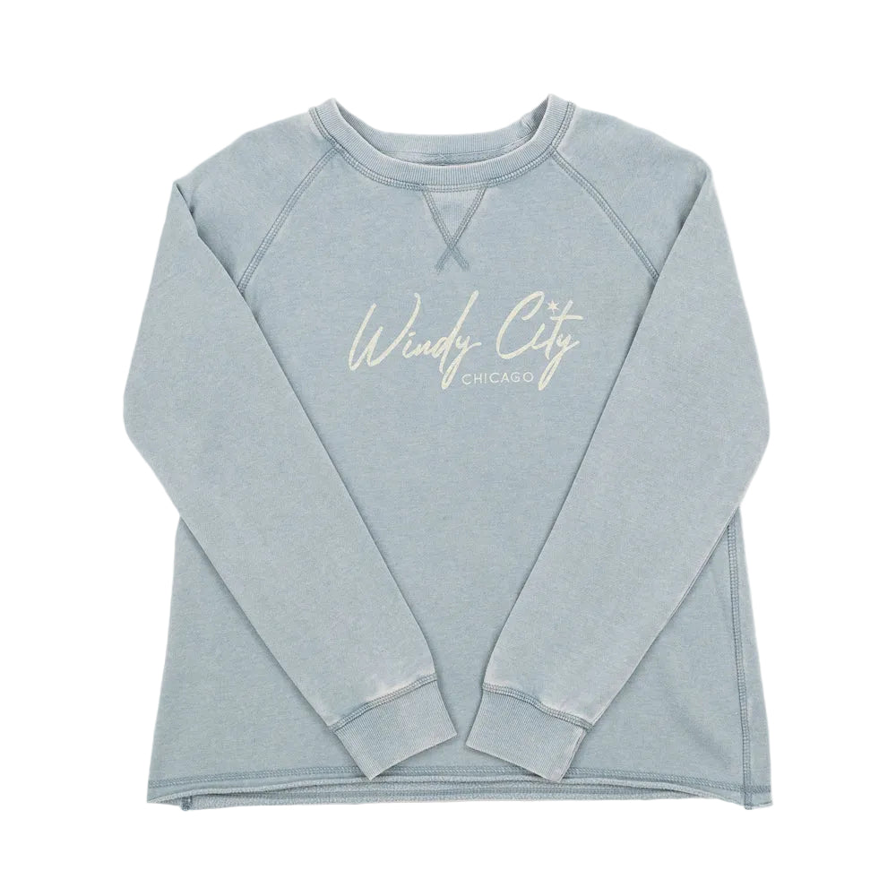 Light blue sweatshirt with 'Windy City Chicago' text on a white background