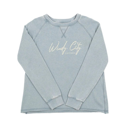 Light blue sweatshirt with 'Windy City Chicago' text on a white background