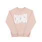 Blush Pink sweatshirt with 'CHICAGO' printed in white bouncy letters on a white background