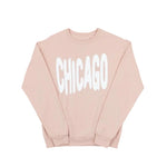 Blush Pink sweatshirt with 'CHICAGO' printed in white bouncy letters on a white background