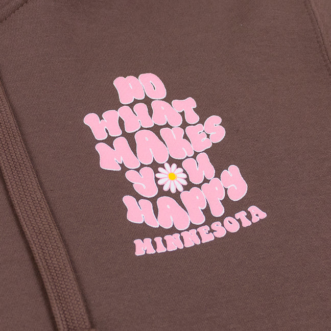 Brown hoodie with pink text Do What Makes You Happy and a floral design on a white background