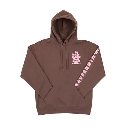 Brown hoodie with pink text Do What Makes You Happy and a floral design on a white background