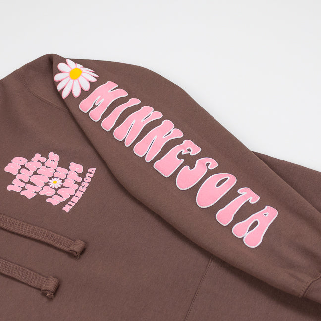 Brown hoodie with pink 'MINNESOTA' text and floral designs on a white background