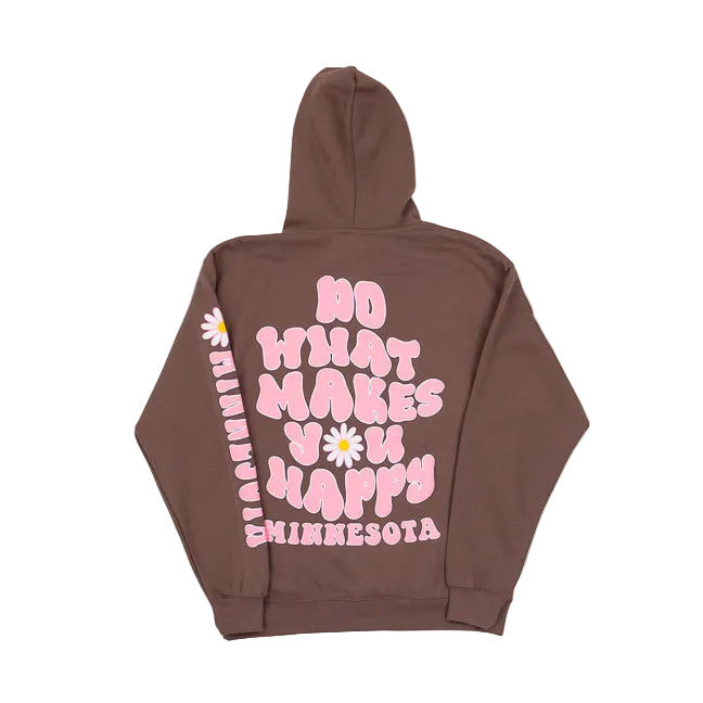 Brown hoodie with pink text Do What Makes You Happy and a floral design on a white background