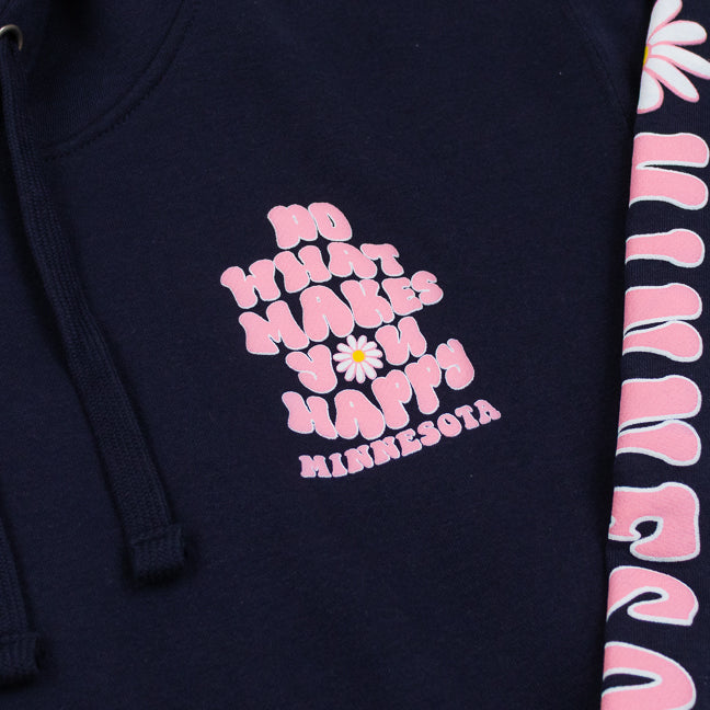 Navy hoodie with pink text and daisy graphic, featuring 'Do What Makes You Happy Minnesota' text on a navy background.