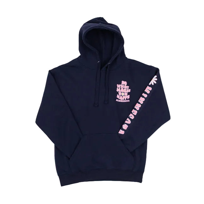 Navy blue hoodie with pink text reading Do What Makes You Happy Minnesota on a white background