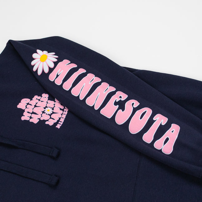Navy blue sweatshirt with pink 'MINNESOTA' text and floral designs on a white background