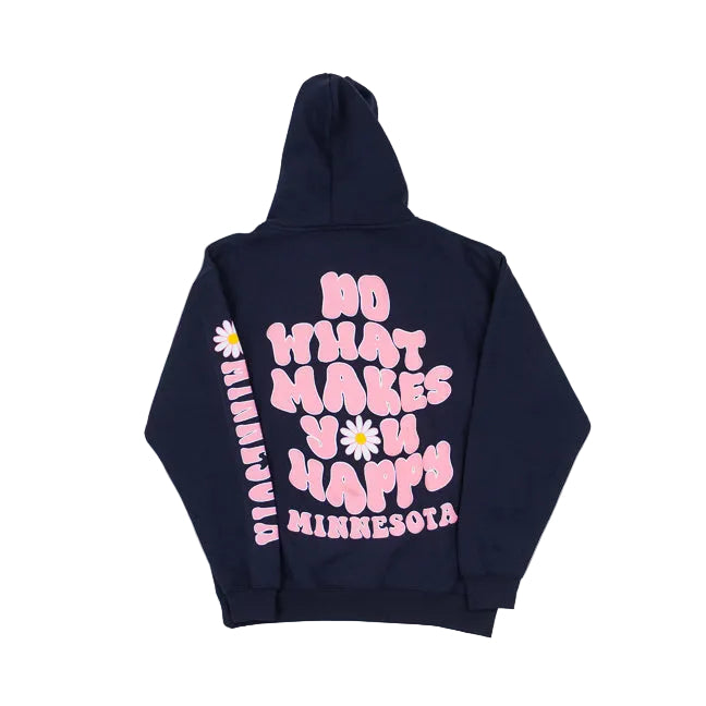 Navy blue hoodie with pink text reading Do What Makes You Happy Minnesota and floral design on a white background