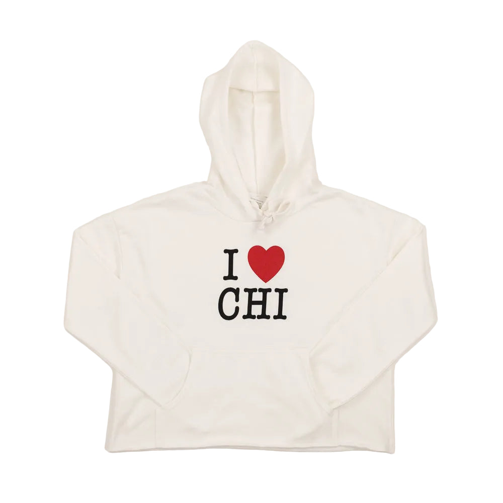 White hoodie with 'I ❤️ CHI' text on a white background