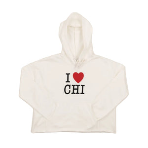 White hoodie with 'I ❤️ CHI' text on a white background