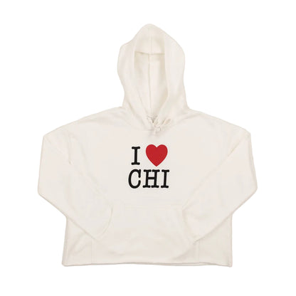 White hoodie with 'I ❤️ CHI' text on a white background