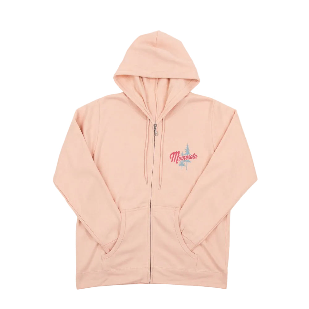 Pink hoodie with a logo on a light pink background