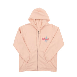 Pink hoodie with a logo on a light pink background