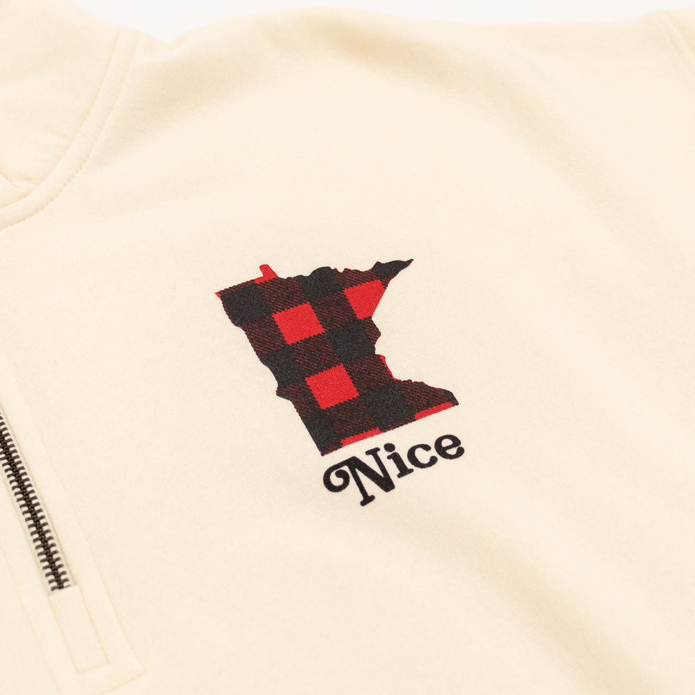 Beige sweatshirt with a plaid patterned Minnesota state shape and 'Nice' text.