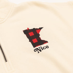 Beige sweatshirt with a plaid patterned Minnesota state shape and 'Nice' text.