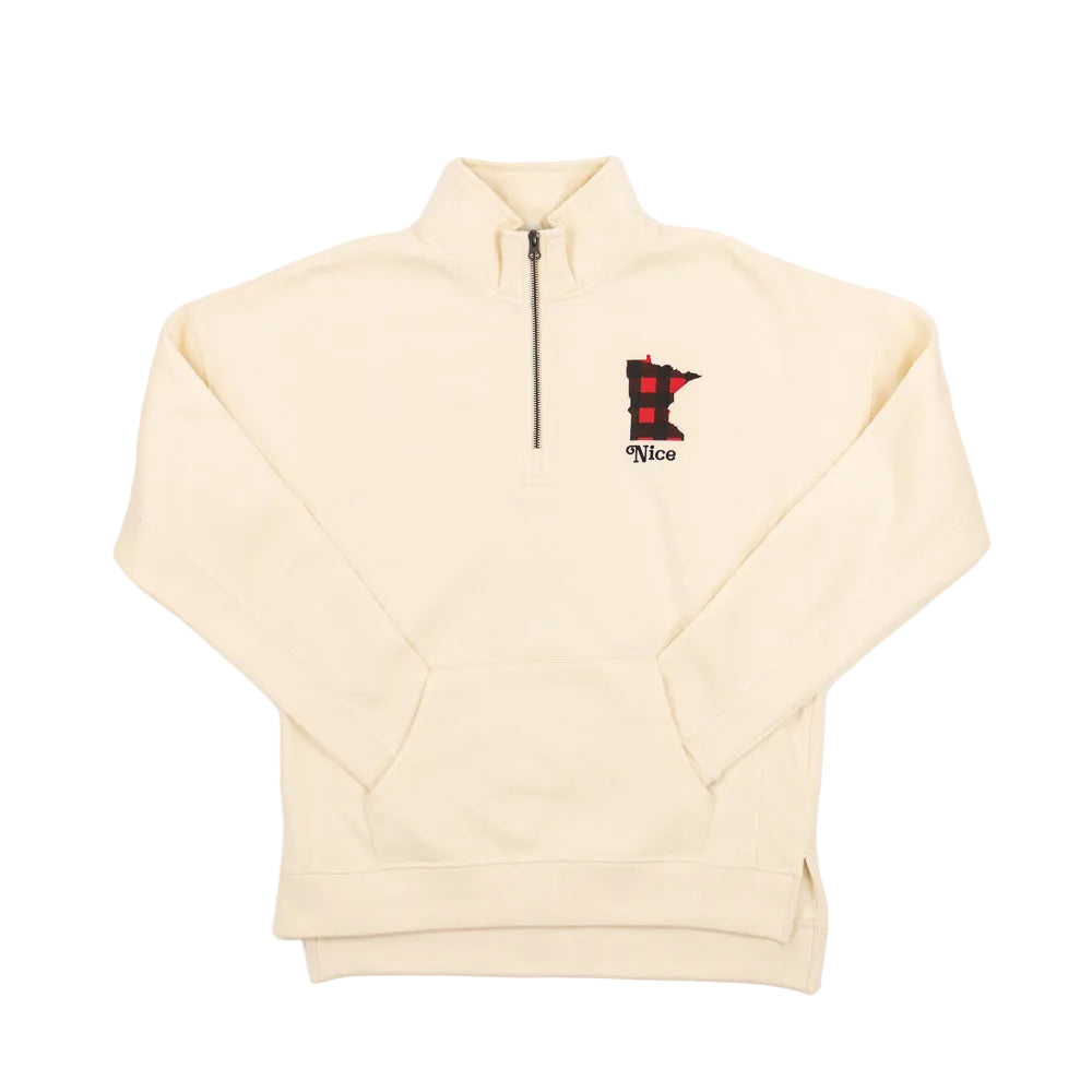 Cream-colored pullover with a logo on a white background