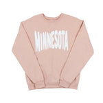 Pink sweatshirt with MINNESOTA spelled out across the front in white bouncy letters, set against a white background.