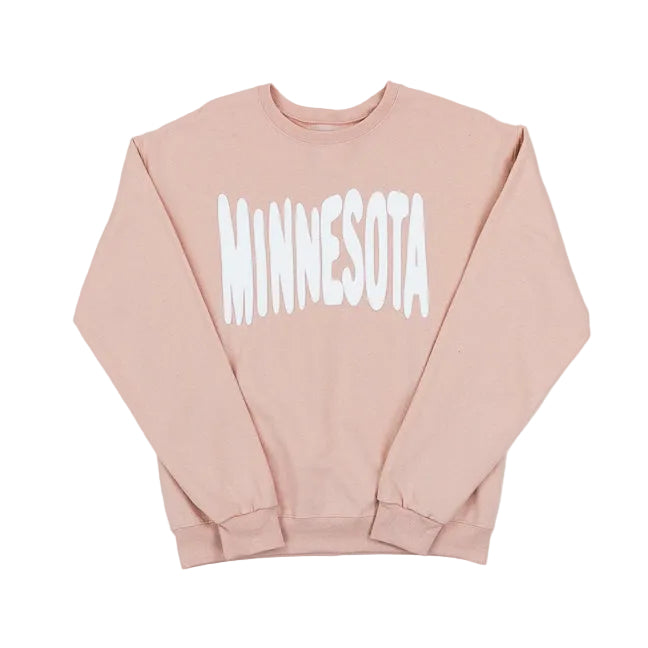 Pink sweatshirt with MINNESOTA spelled out across the front in white bouncy letters, set against a white background.