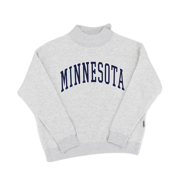 A light heather gray mock neck sweatshirt with 'MINNESOTA' printed in navy blue arched block letters across the chest, displayed flat against a white background.