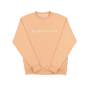 Peach sweatshirt with 'minnesota' text on a white background