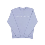 Soft purple sweatshirt with 'minnesota' text on a white background.