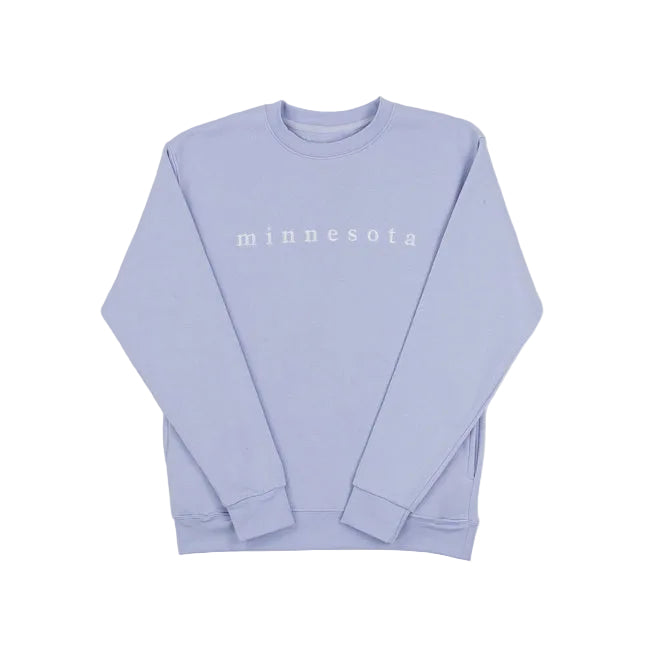 Soft purple sweatshirt with 'minnesota' text on a white background.