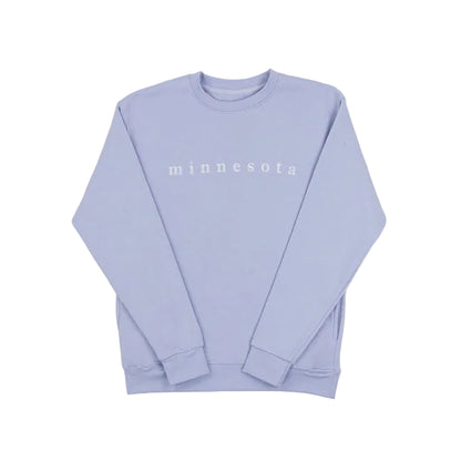 Soft purple sweatshirt with 'minnesota' text on a white background.