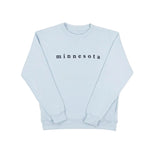 Light blue sweatshirt with 'minnesota' text on a white background