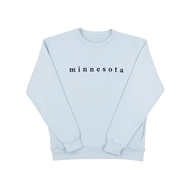 Light blue sweatshirt with 'minnesota' text on a white background