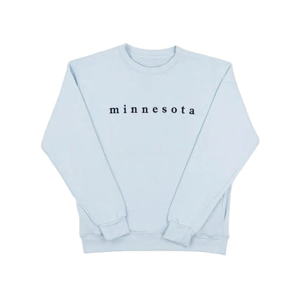 Light blue sweatshirt with 'minnesota' text on a white background