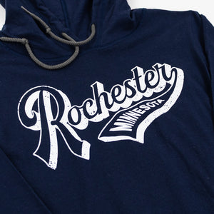 Navy blue hoodie with 'Rochester Minnesota' text in white